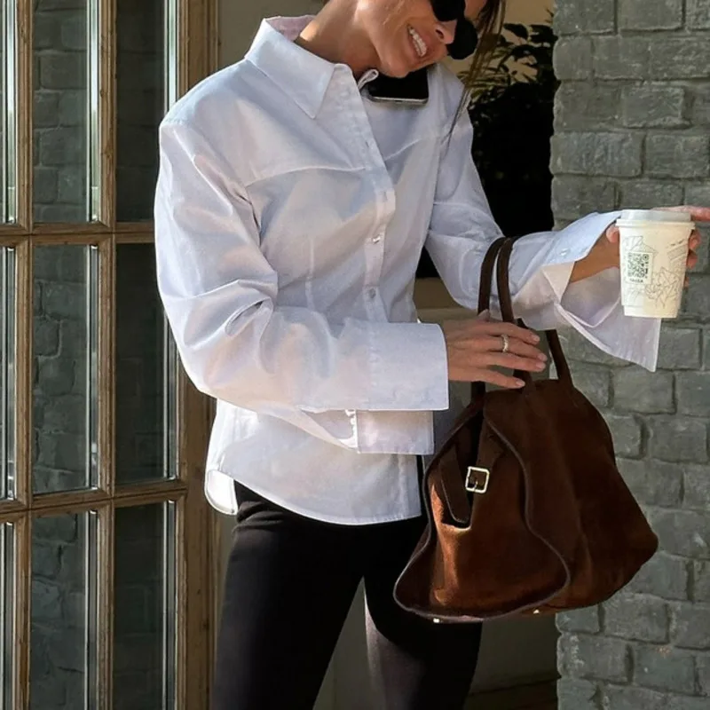 EAEOVNI Weißes, modisches Hemd mit geraffter Taille für Damen, Revers, lange Ärmel, einfarbig, Knopf, vielseitige Tops, 2025, Neu 1A1677