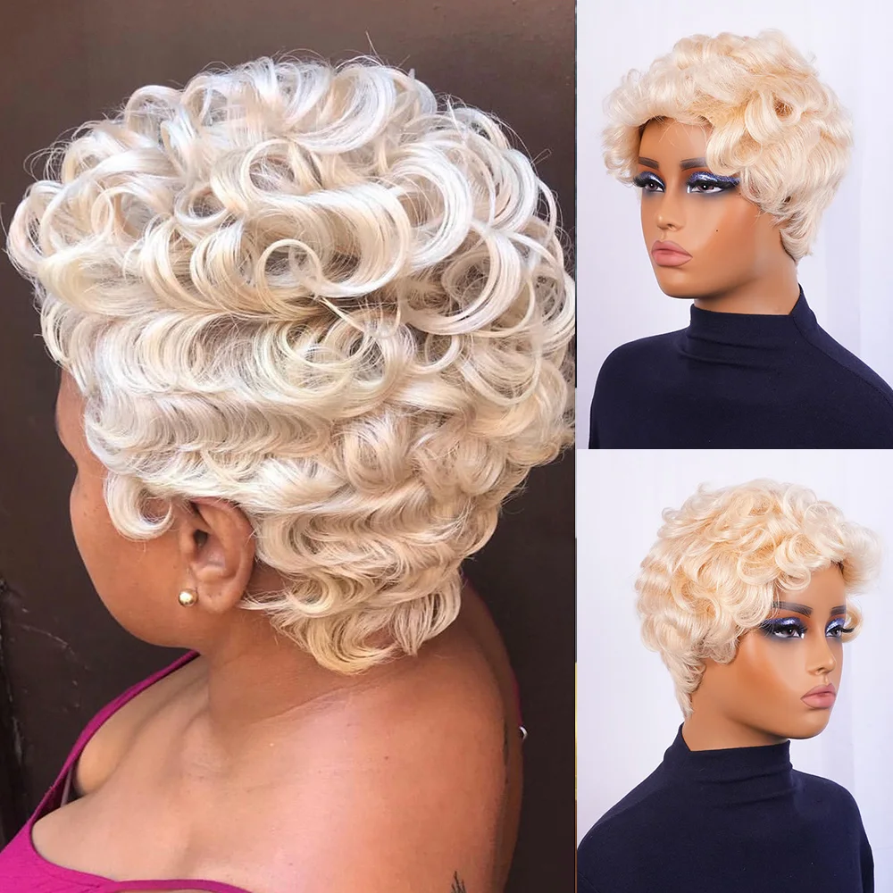 Kinky Curly Wig Human Hair 613 Honey Blonde Short Pixie Cut Wig Full Machine Made Wigs For Women
