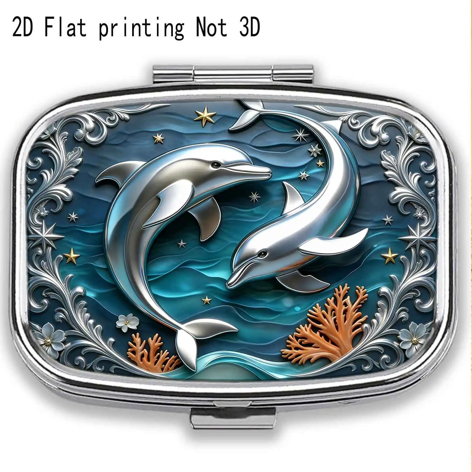 1Pc Pill Box with Flat Printing of Dolphins and Waves, Small Pill Organizer, Compact Jewelry Box, Exquisite and Compact. Health Gift for Long-Distance Travel, Compartmentalized Storage, Small Item Organizer, Convenient for Storage, Ideal for Gift-Giving
