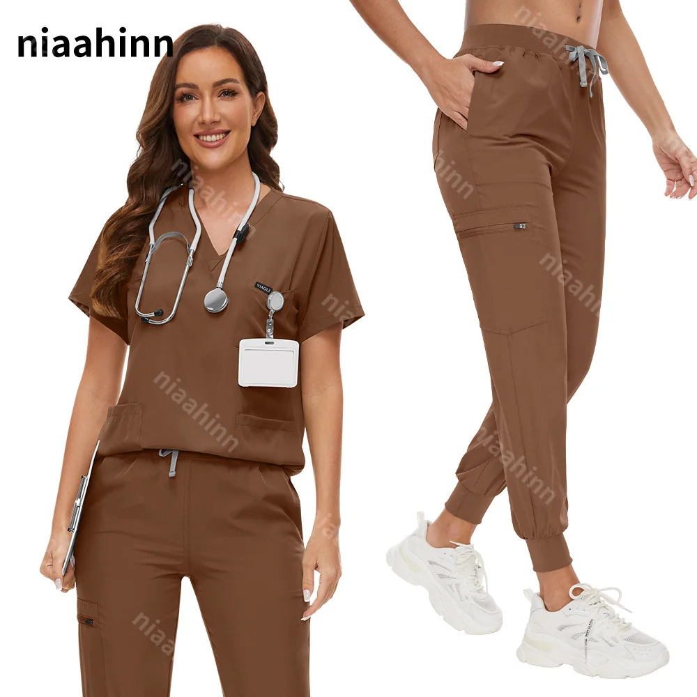 Medizinisches Zubehör Frauen elastische Peelings Uniform Sets Krankenhaus OP-Kleider Kurzarm Tops Jogger hose Anzug Arzt Kleidung