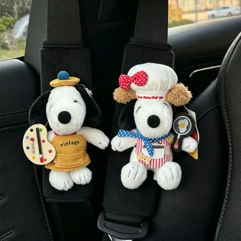 Snoopy Car Seat Belt Shoulder Cover Kawaii Chef Snoopy Cartoon Plush Seat Belt Cover Car Interior Decoration Girl Gift