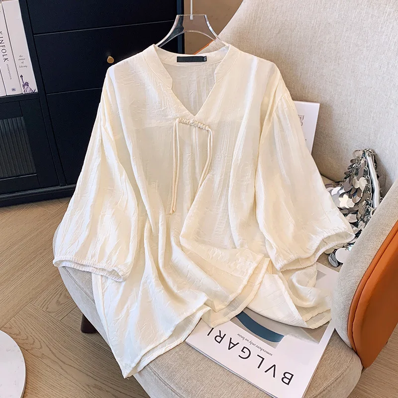 150Kg Plus Size Women's Bust 160 Summer Loose National Style V-Neck Medium Sleeved Button Pullover Shirt 5XL 6XL 7XL 8XL 9XL