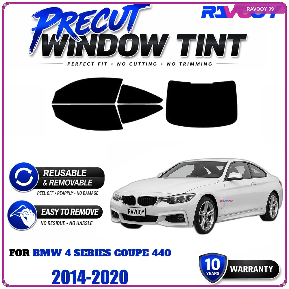 RAVOOY Precut Window Tint, Reusable Removable EPU Film, Custom Fit for Bmw 4 Series Coupe 440 2014-2020, UV Heat Protection