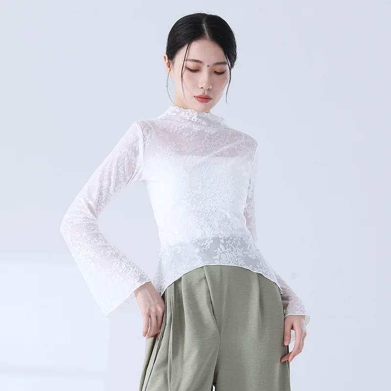 

Women Crop Top Ballet T shirt Flocked jacquard mesh Dance Tops Ballerina Dancewear Long sleeved Classic Costumes for Dancing Top