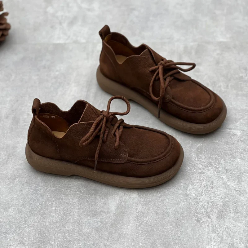 Careaymade-Retro Round Toe Lace Up Genuine Leather Soft Sole Women's Shoes Leisure Solid Color Cowhide comfortable short boots
