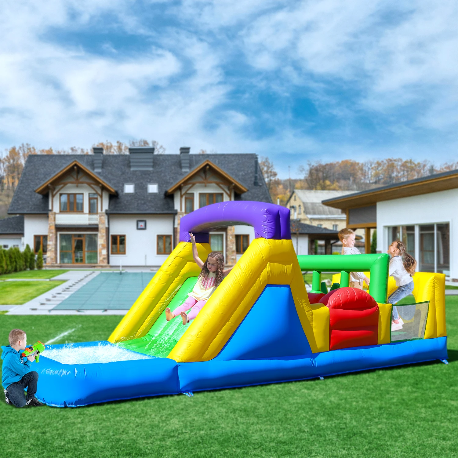 Inflatable Bounce House with 1100W Blower – Colorful Outdoor Play Castle Featuring Dual Crawl Tunnels, Large Slide, Climbing Obs