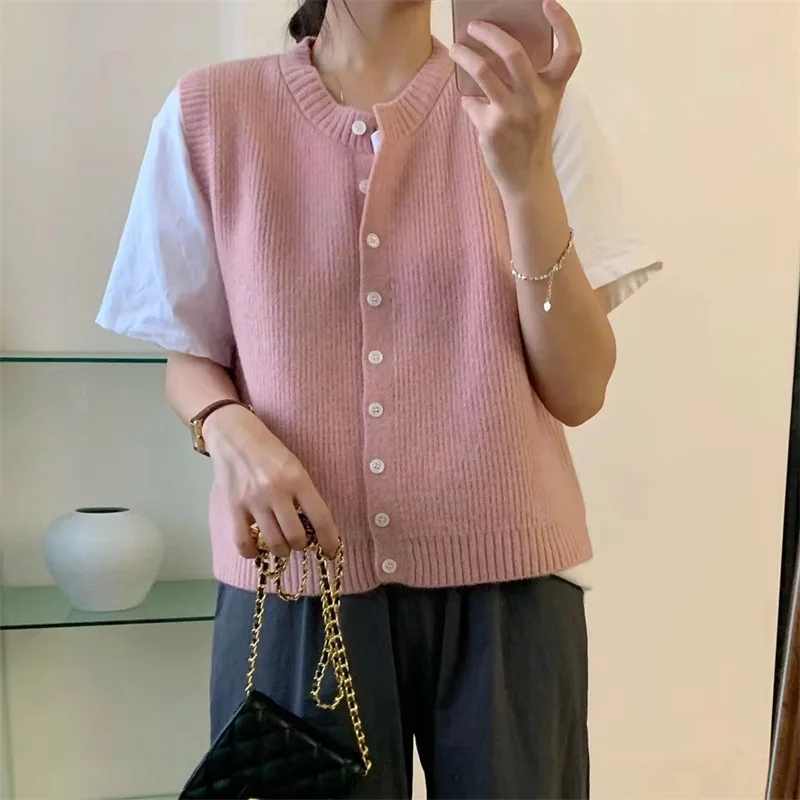 2024 New Fashion Women Sweater Vest Autumn O-neck Tops Sleeveless Knitted Loose Solid Sweaters Pullovers Knitwear Outerwear R236