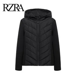 RZRA2024 autumn and winter new women's stitching long-sleeved stand-up collar hooded cotton jacket coat slim black all-match