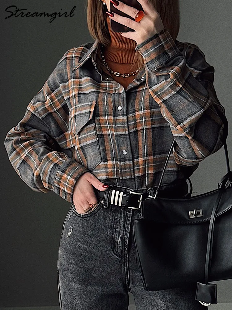 Streamgirl Brown Plaid Shirt Oversized Women Vintage Office Tops For Woman Blouse Loose Button Luxury Women Shirts Brown Plaid