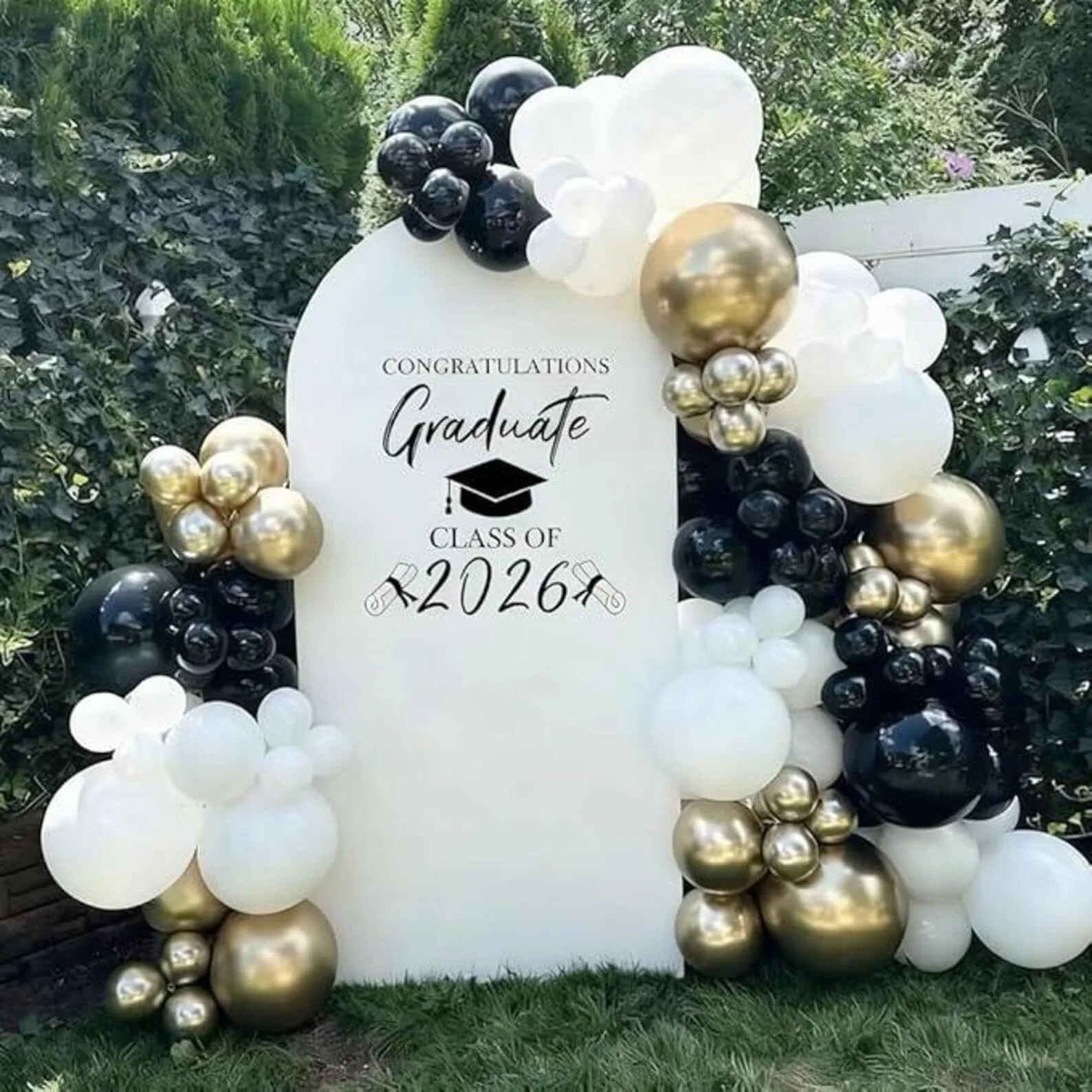 Custom Class of 2026 Golden White Graduation Arch Backdrop Cover Congratulations Grad Cap Graduate Party Decoration Background