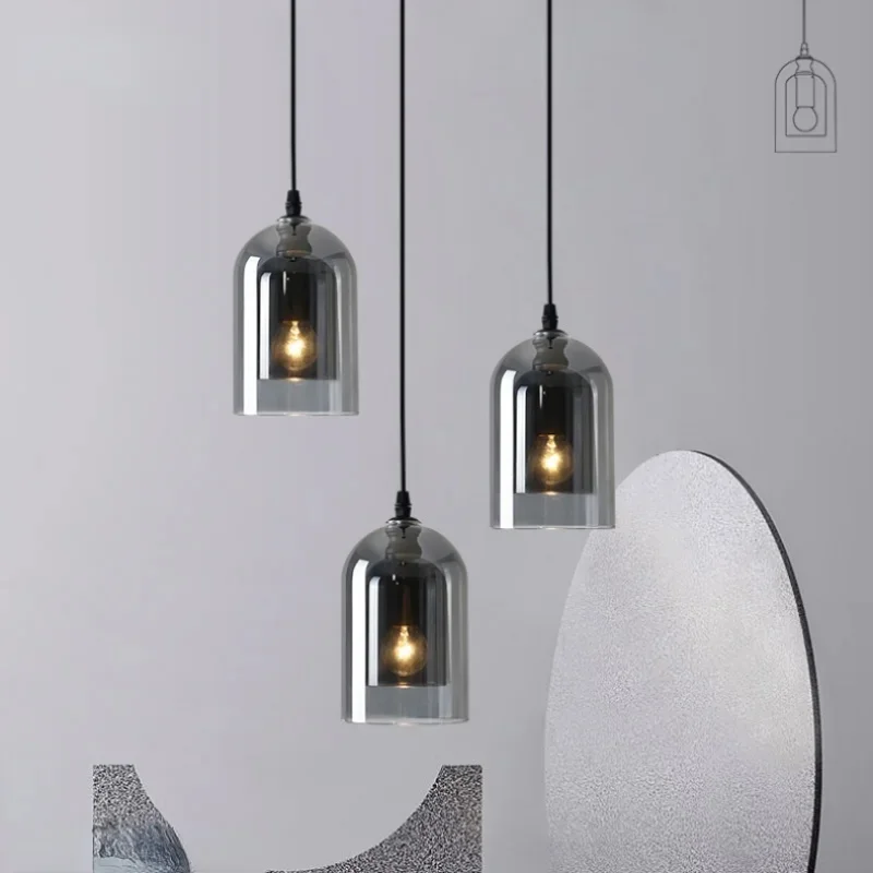 Modern Double-Layer Glass Pendant Light Smoky Gray Dome Hanging Lamp for Kitchen Island Bedroom Dining Room