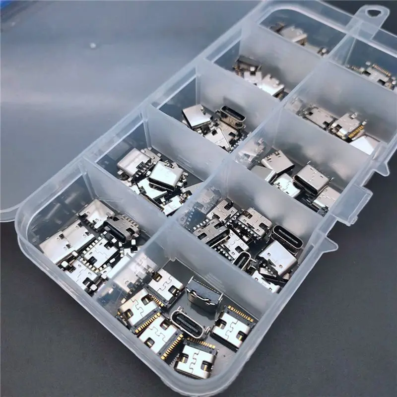 ABZC 400Pcs 10 Models Type-C USB Charging Dock Connectors Mix 6Pin 16Pin for Phone Digital Repair Kits