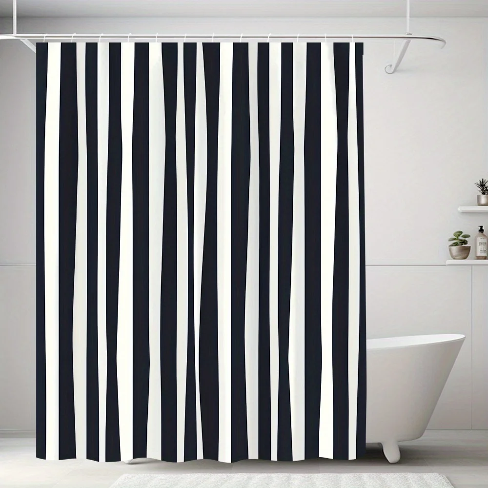 

Black and white striped shower curtain - polyester fabric, machine washable, suitable for modern bathroom décor.