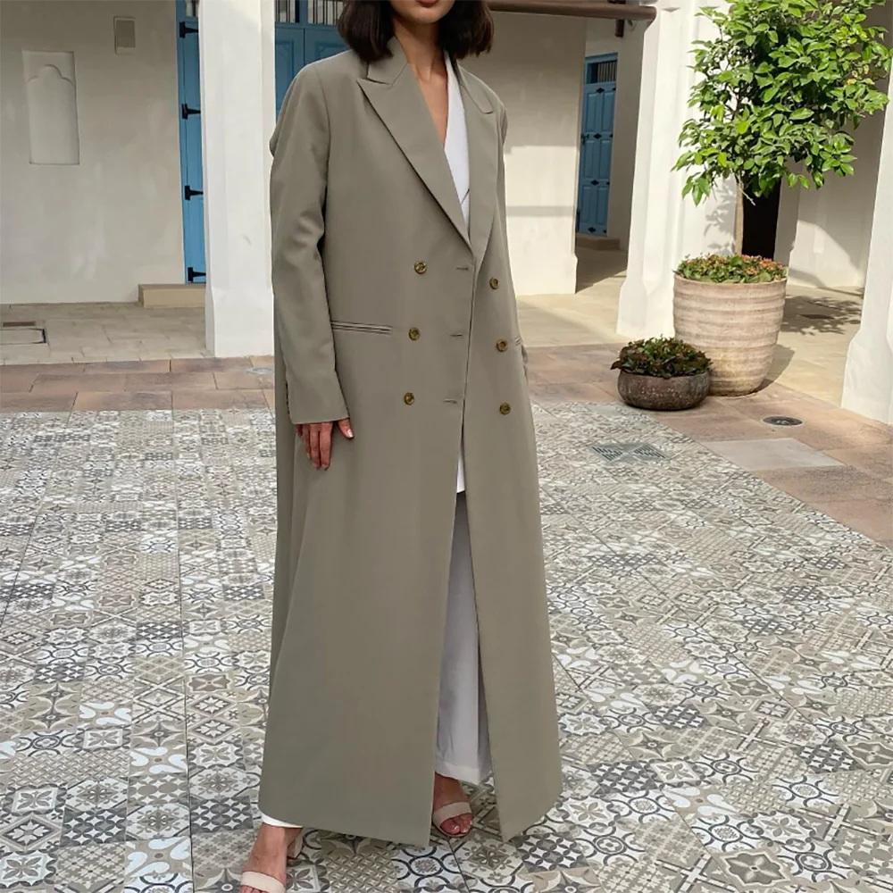 Elegant khaki Women Long Jacket Slim Double Breasted Female Daily Coat Formal Ankle Length Dress jaqueta feminina