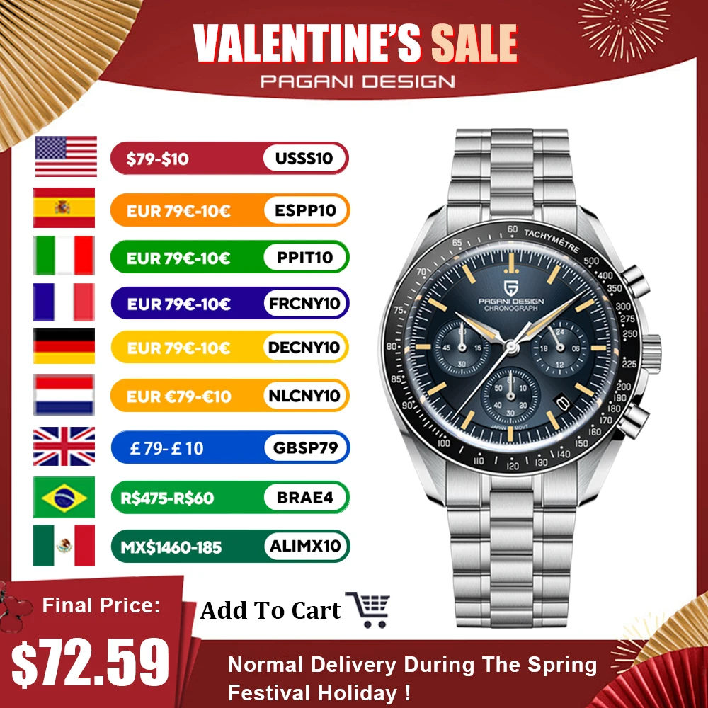 파가니 디자인 2026 뉴문 남성용 시계 럭셔리 쿼츠 시계 VK63 크로노그래프 AR 사파이어 미러 세라믹 베젤 발광