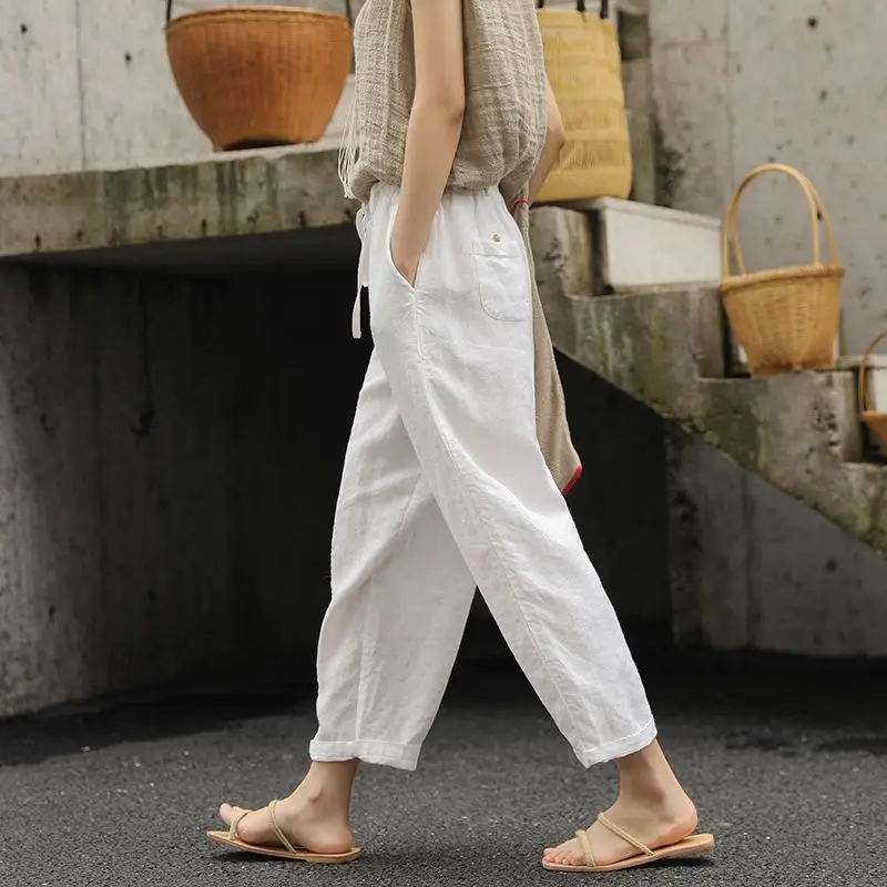 

Women's Summer Cotton And Linen Trousers Loose Pocket Elastic Waist Wide Leg Pants Retro Literary Solid Color Casual Ninth Pant