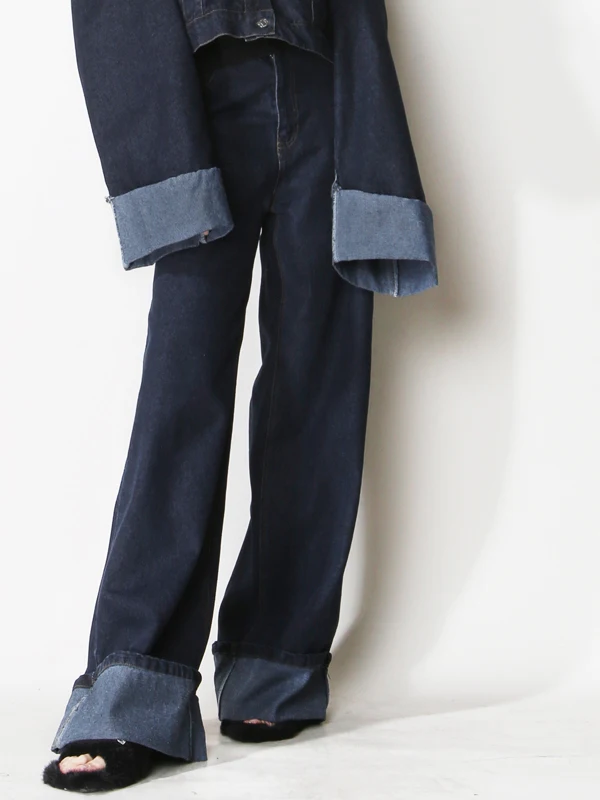 

A53 Широкие джинсы с высокой талией Прямой крой Свободный утягивающий дизайн Цвет Blo Flip Широкие манжеты Ba Пояс для женщин Faion