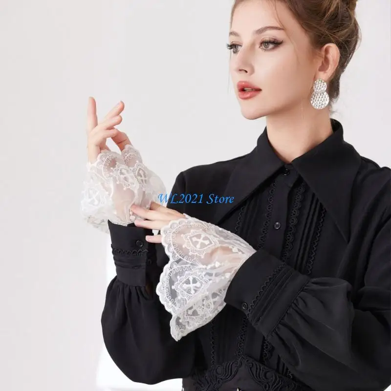 

G5GC French Lace Trim Arm Covers Wrist Cuffs Sleeves For Women Dress Outfit Enhancer