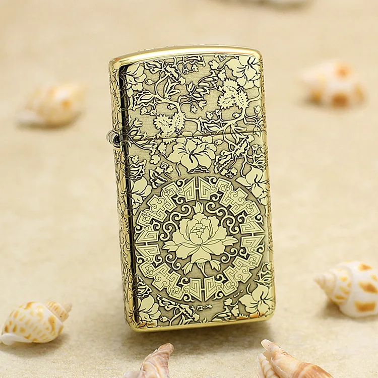 

Genuine Zippo Narrow edition peony oil lighter copper windproof cigarette Kerosene lighters Gift anti-counterfeiting code