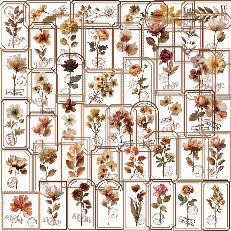 

50PCS Vintage Old Flower PET Sticky Sticker Aesthetic Children's Decoration Scrapbooking DIY Stationery Supplies for Kids