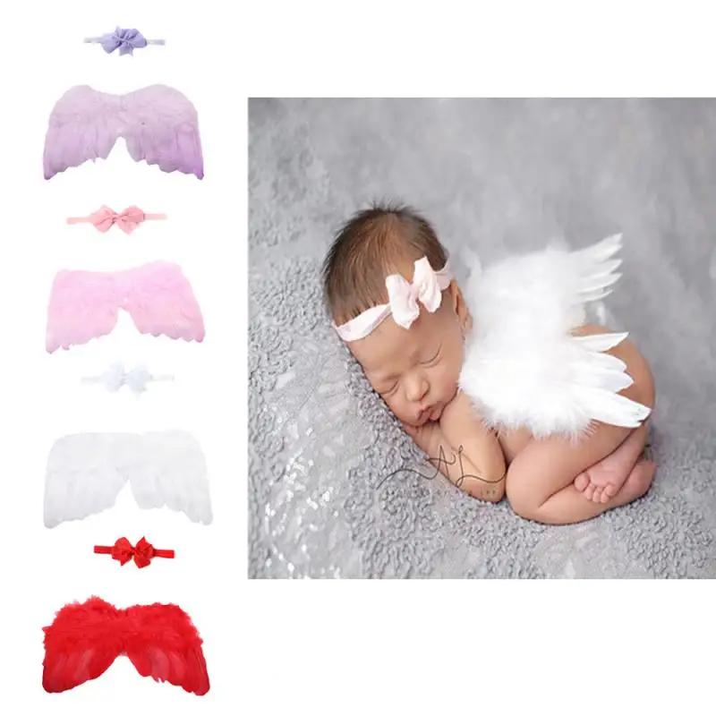 

Newborn Photography Props White Angel Wing Baby Photos Props Ribbon Bowknot Hair Band Infant Hair Accessories