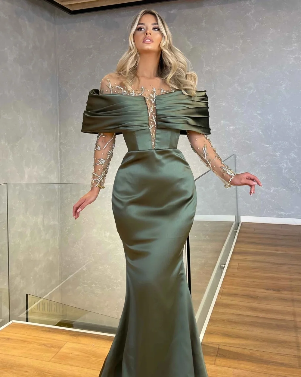 

Customized High Quality Sexy Robes De Soirée Charmeuse Rhinestone Ruched Mermaid Off-the-shoulder Long Sleeves Evening Dresses