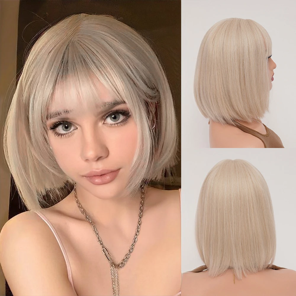 

Natural Sexy Blonde Short Hair Bob Girls 12 Inch Bangs Natural Heat Resistant Chemical Fiber Wig