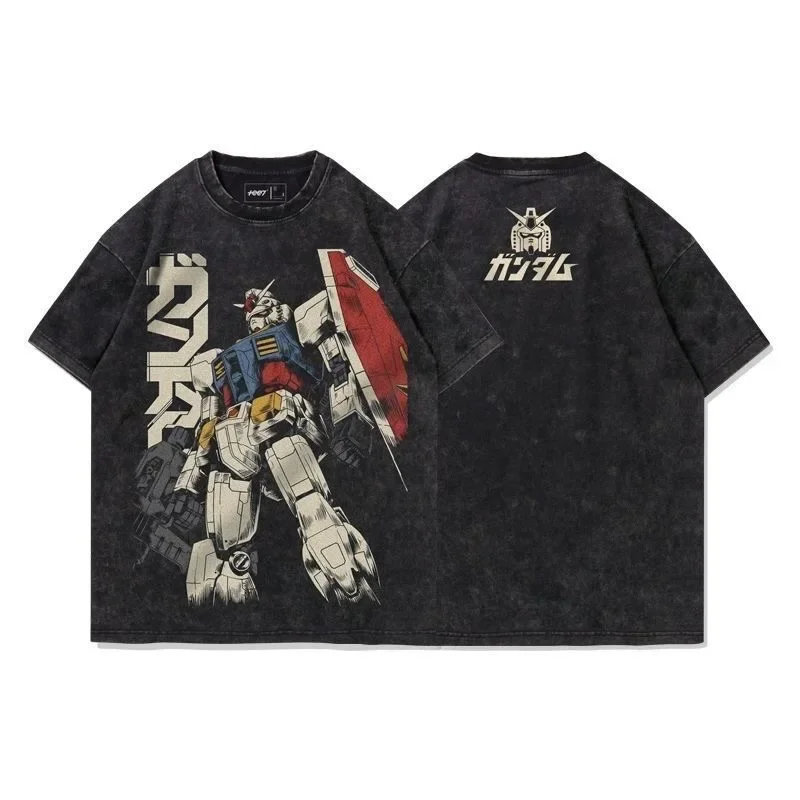 

Japanese Anime Gundam Mobile Suit Retro Washed Old Loose Cotton Short-sleeved T-shirt