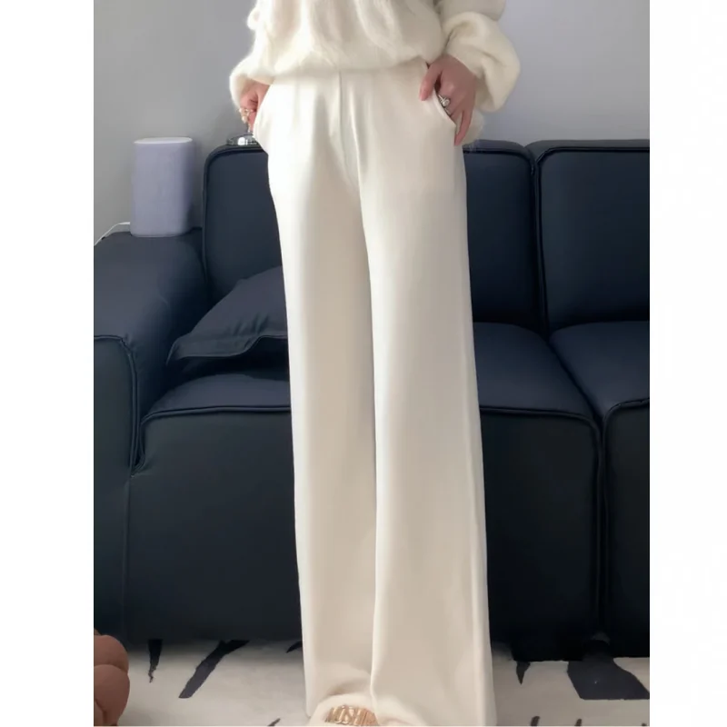 

Трикотажные повседневные прямые брюки с высокой талией, женские утолщенные кашемировые широкие брюки длиной до пола, маленький размер с карманами