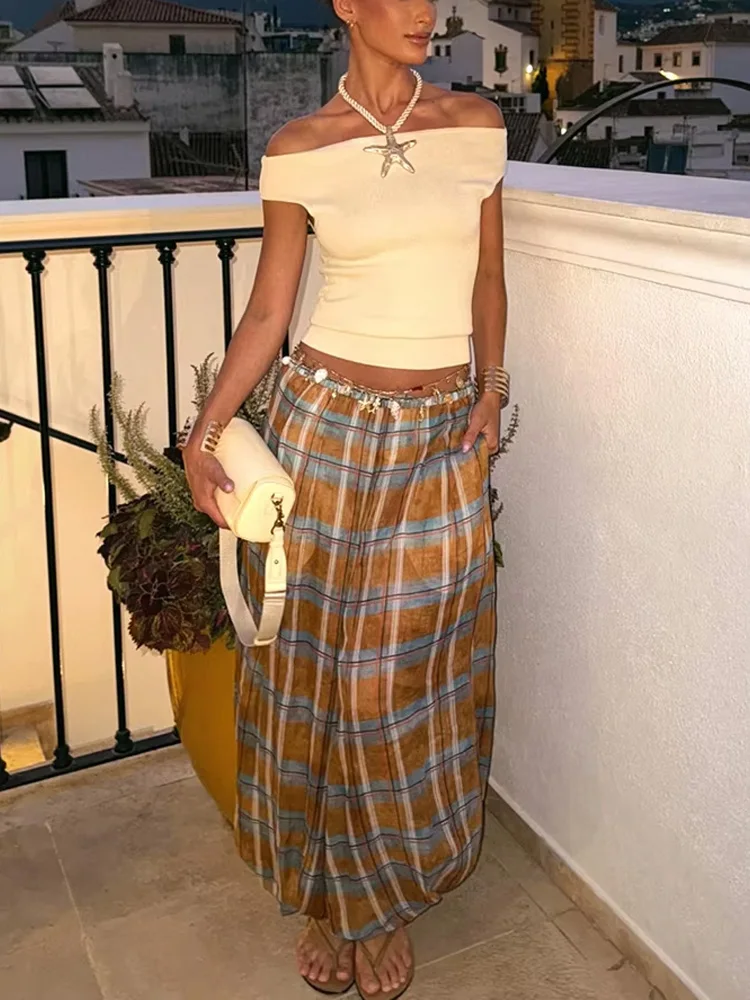 กางเกงลำลองผู้หญิงแฟชั่นฤดูใบไม้ร่วง ผ้ารามี ลายสก็อต ทรงหลวม สไตล์เก๋ไก๋ หรูหรา มีเชือกผูกเอว สไตล์ไฮสตรีท