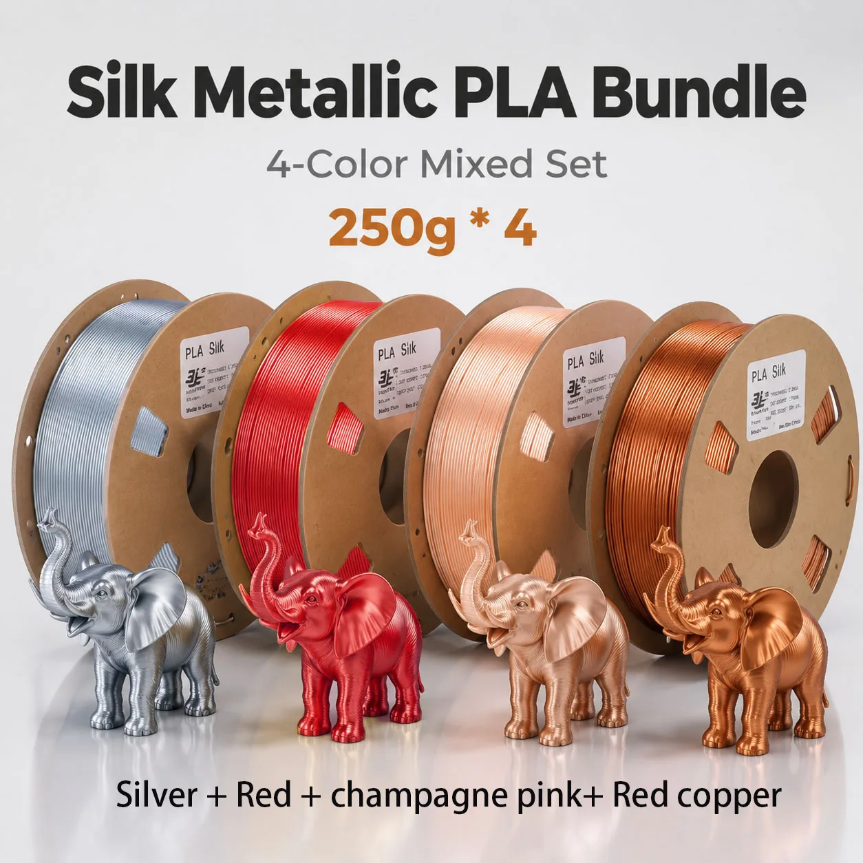 1.75mm Silk PLA 3D Filament 4 Colors Set 250g×4 Total 1kg Smooth Anti-Clog DIY Model Printing Wire