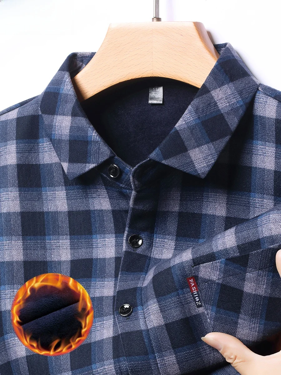

Thiened Fce Plaid Men's irt Winter Warm Loose Fit Dad Sle Casual Wear Regular Length Cotton Polyester Blend Button down