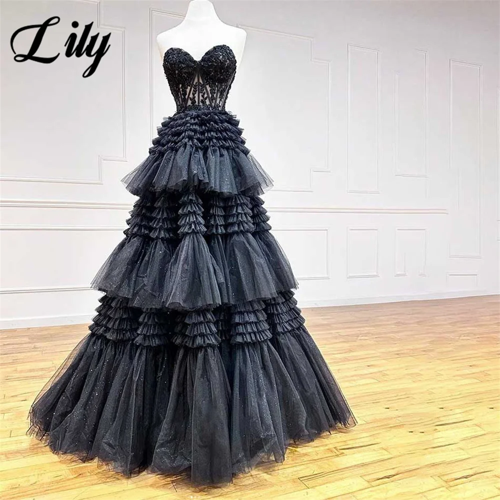 

Lily Black A Line Formal Dress Tiered Layer Beaded Party Dress Sweetheart Pleats Sleeveless Special Occasion Dress robe soirée