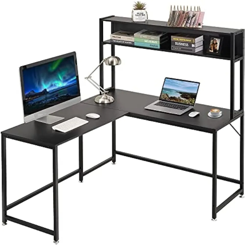 Bureau en forme de L, bureau d'ordinateur d'angle avec clapier, table de poste de travail de bureau de 55 pouces avec bibliothèque de rangement, bureau d'écriture d'étude pour ordinateur portable