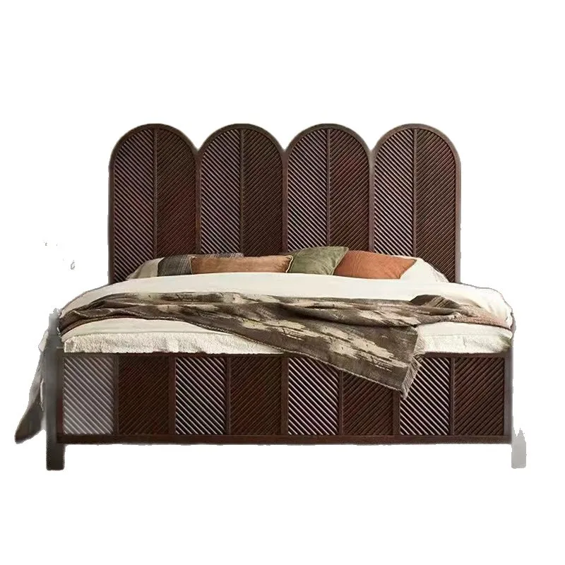 French light luxury retro carved Roman column wooden bed, master bedroom bed