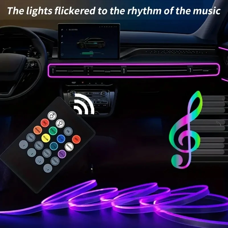 USB Powered Music Sync RGB Neon Car Interior Accent Lights with 8 Color Fiber Optic LED Strips - Non-Rechargeable Button Battery
