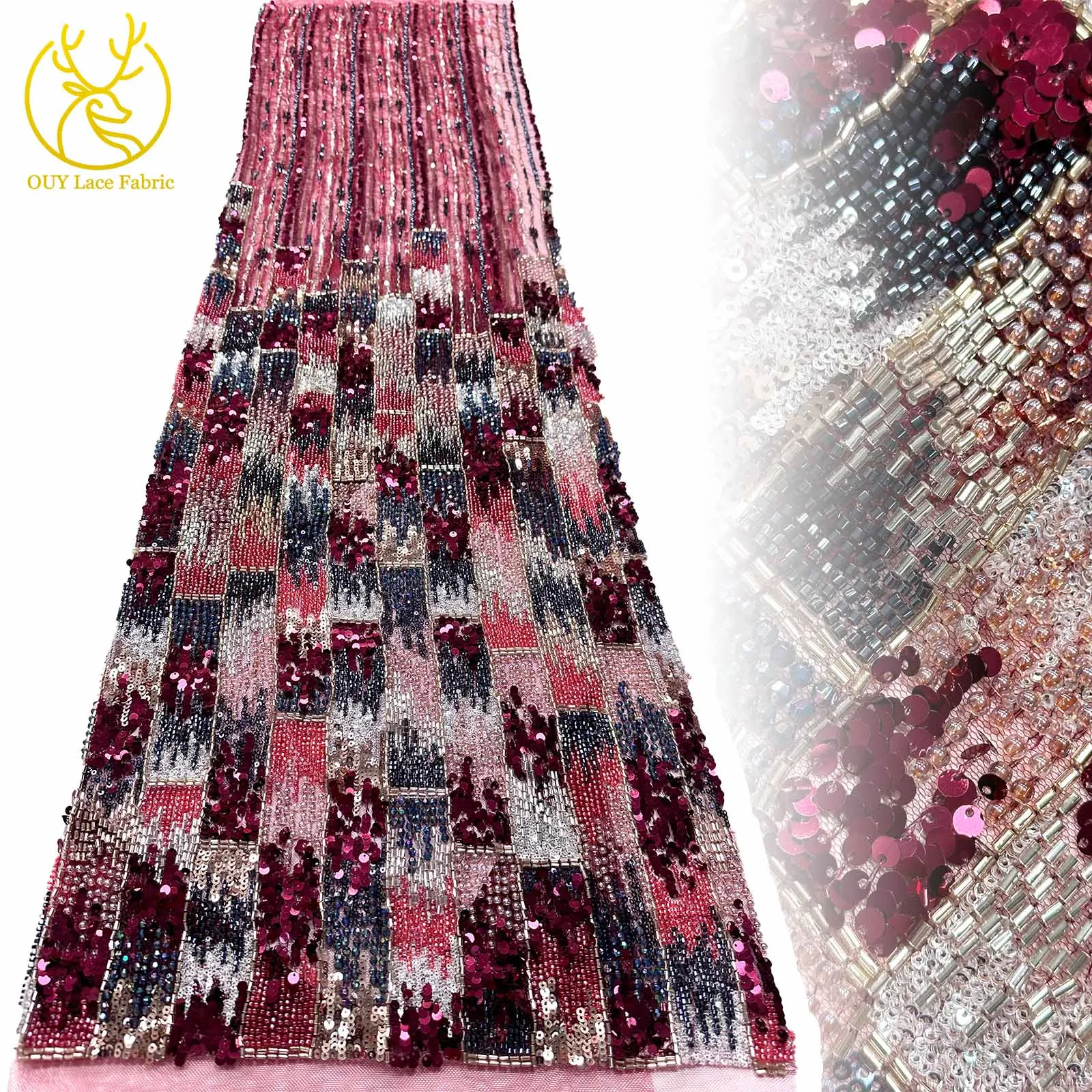 

Luxury Red Delicate Elegant French Handmade Beaded Lace Fabric 2025 Luxury Nigerian African Sequin Lace Fabric Evening Gowns