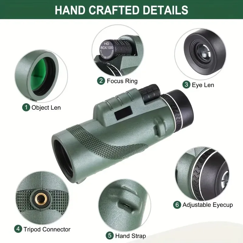 80x100HD ZOOM Powerful Handheld Monocular Telescope Portable Long Range Telescope Hunting Hiking Travel Camping With Tripod Clip