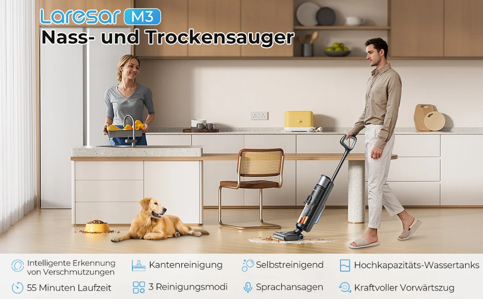 Laresar M3 Kabelloser Nass- und Trockensauger mit Wischfunktion, Randreinigungsdesign, 55 Minuten Laufzeit, automatische Saugkraftregelung, selbstreinigender Bodenreiniger, intelligentes Haushaltsgerät. – Detail 1