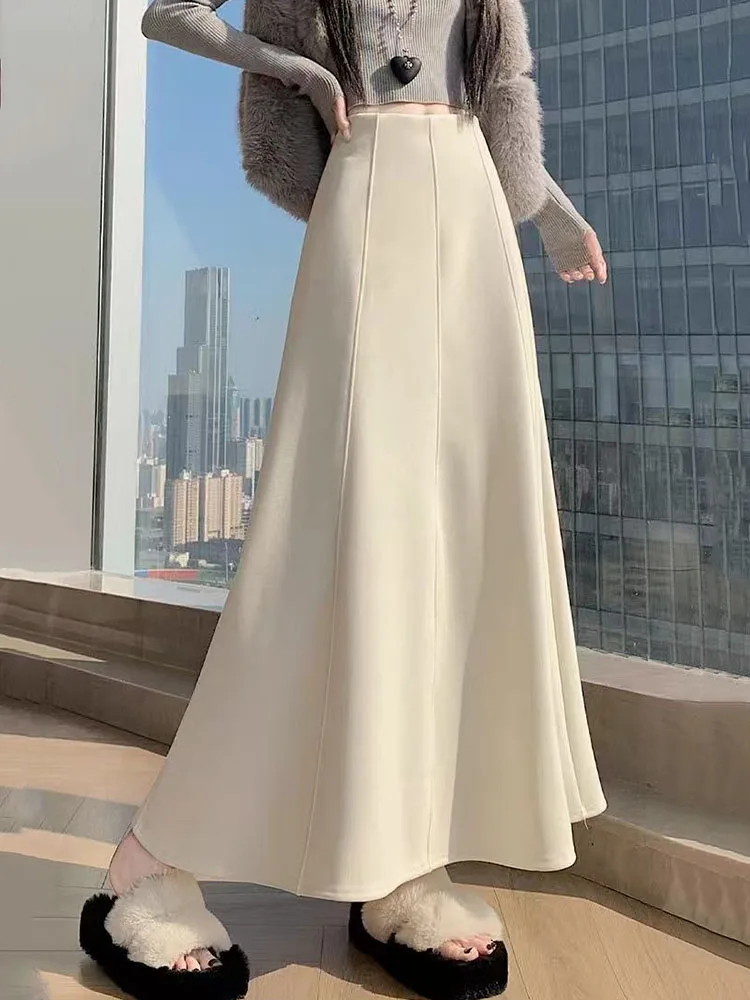 Winter Fleece Midi Skirts for Women Korean High Waist Patchwork Luxury Skirts Vintage Elegant Office Lady A Line Skirts