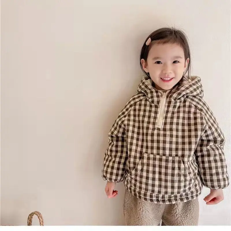 Fashion Plaid Kids Jacket 2023 Korean Thicken Cotton Warm Boys  Girls\' Coat Baby Cotton Coat Plush Winter Children\'s Clothing