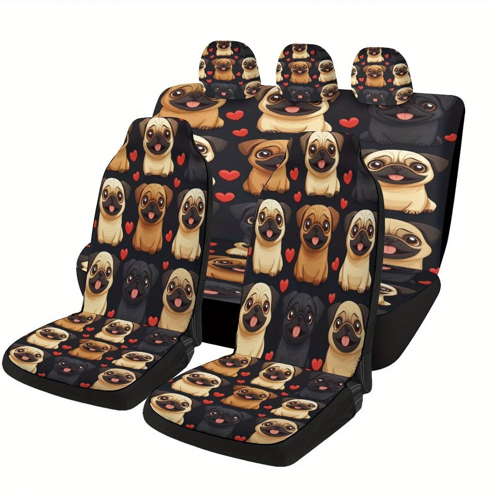 

Pug Love Heart Designed Car Seat Cover Set For Most Cars, Trendy Novelty High-quality Car Seat Protector Covers Full Set, Univer