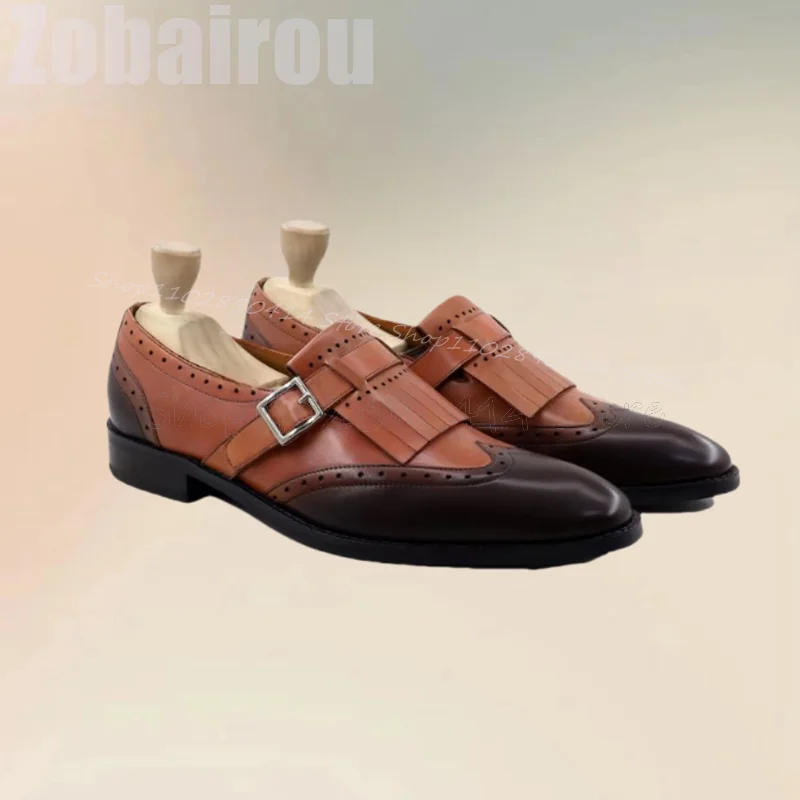 Brown Carving Design Buckle Tassels Decor Loafers Fashion Slip On Men Shoes Luxury Handmade Party Feast Office Men Dress Shoes