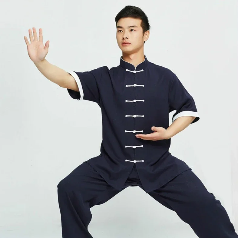 Elasticity Flax Short Sleeve Chinese Traditional Tai Chi Uniforms Linen Kung Fu Clothing Martial Art  Wear Unisex Shirt And Pant