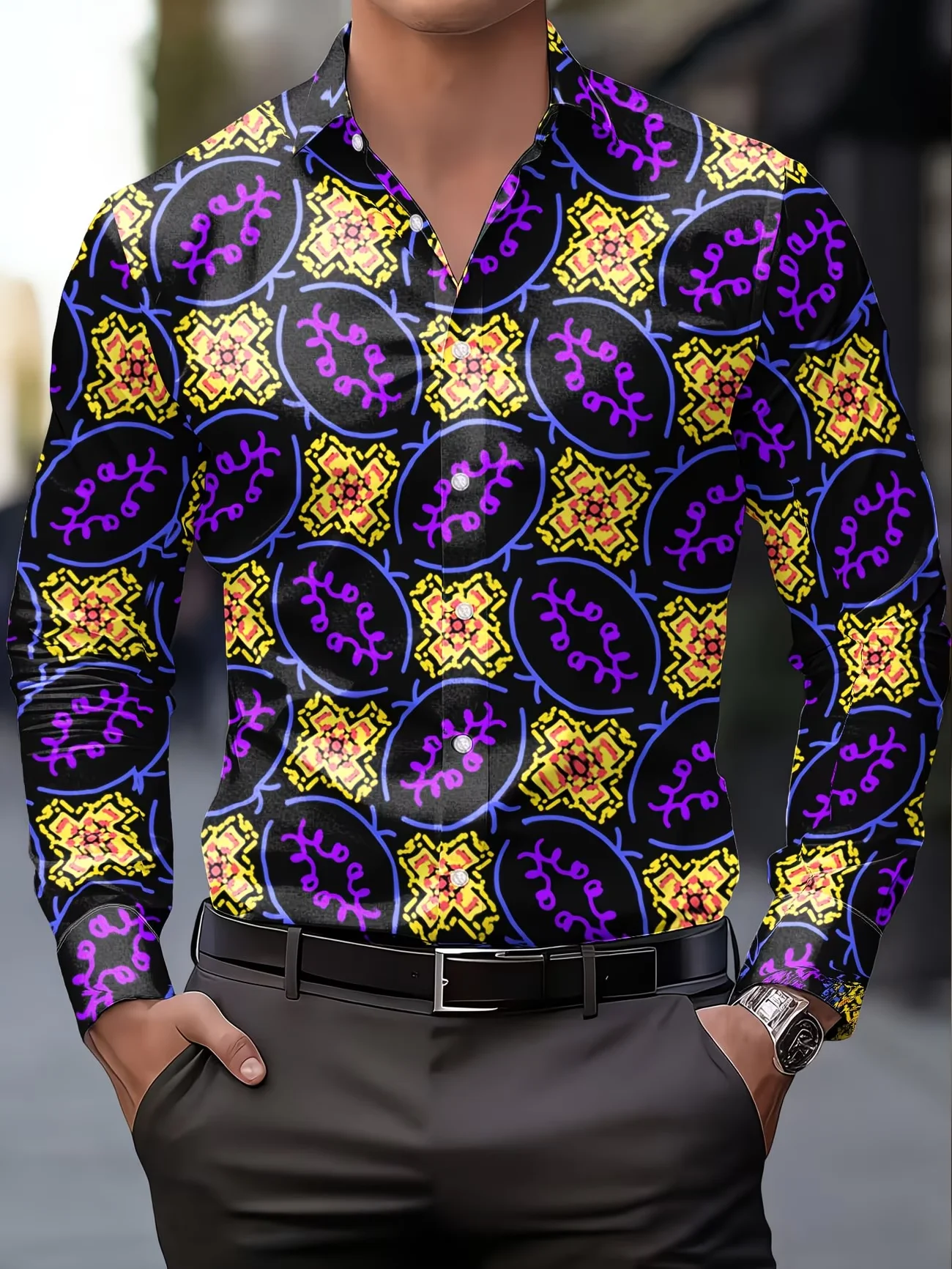 New Artistic Style Marble Patterned Shirt men's Long Sleeved Shirt Single Breasted Slim Fit Business Top