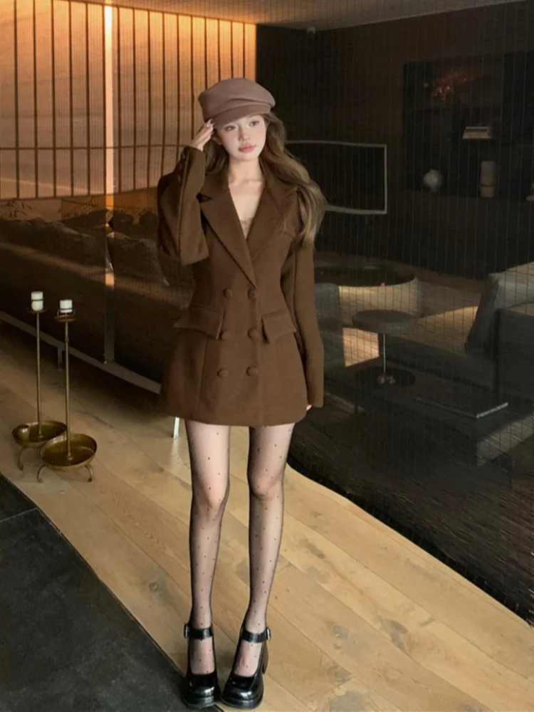 

Осенне-зимний шерстяной костюм в стиле ретро с застежкой на талии, женская длинная верхняя одежда средней длины, корейская Sle Faion