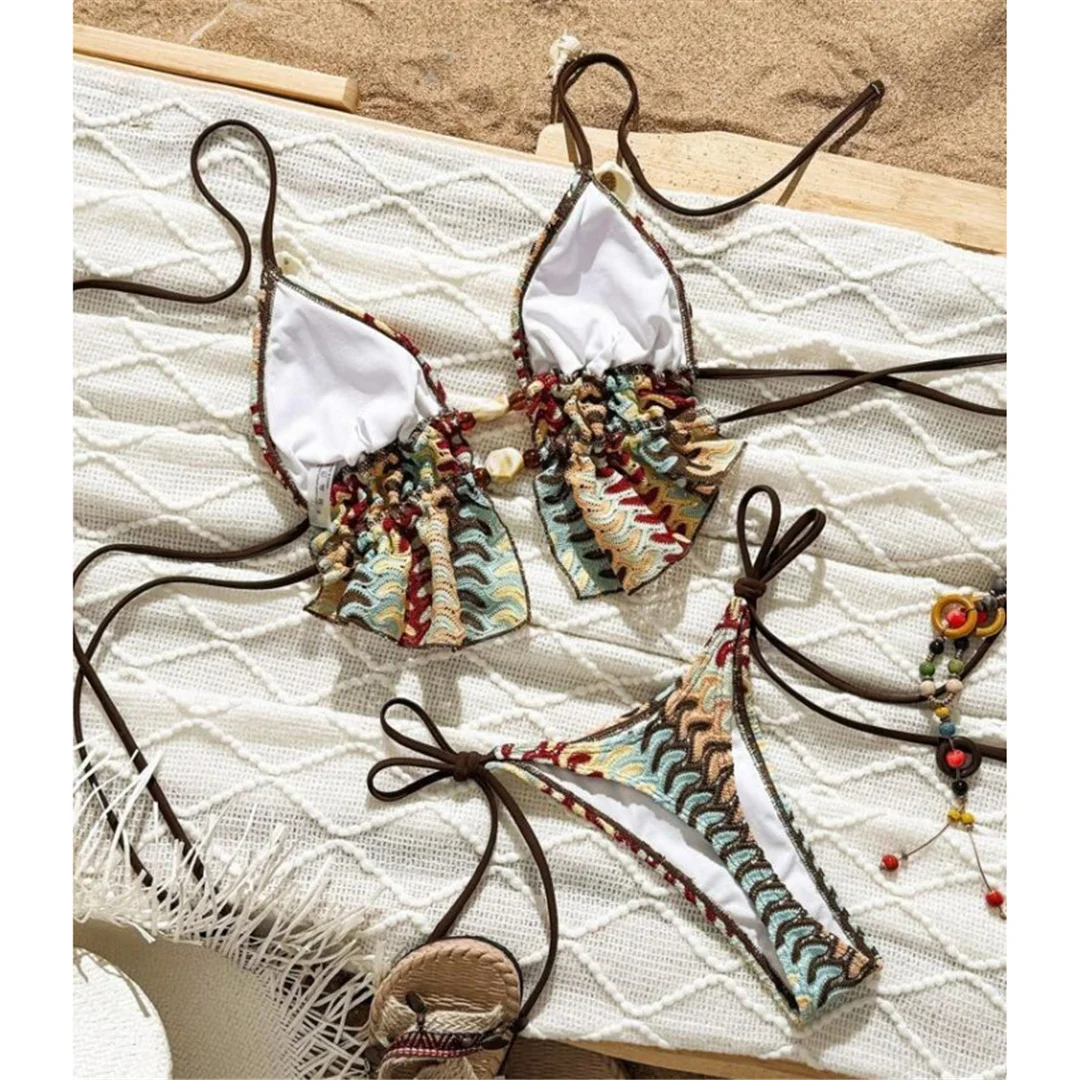 Bedruckter Neckholder-Tankini mit hohem Beinausschnitt, Damen-Bikini, zweiteiliger Badeanzug, Badebekleidung, Badeanzug, Schwimmanzug V7702 – Detail 5