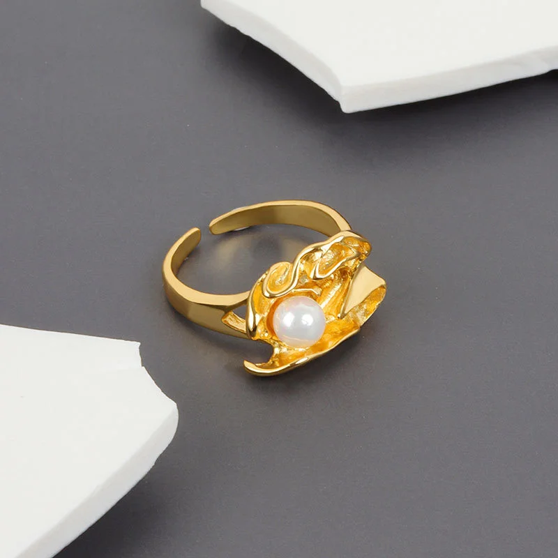 QMCOCO  Silver Color Trendy Tin Foil Concave-Convex Irregular Textured Pearl Ring Woman Korean Simple Design Adjustable Ring
