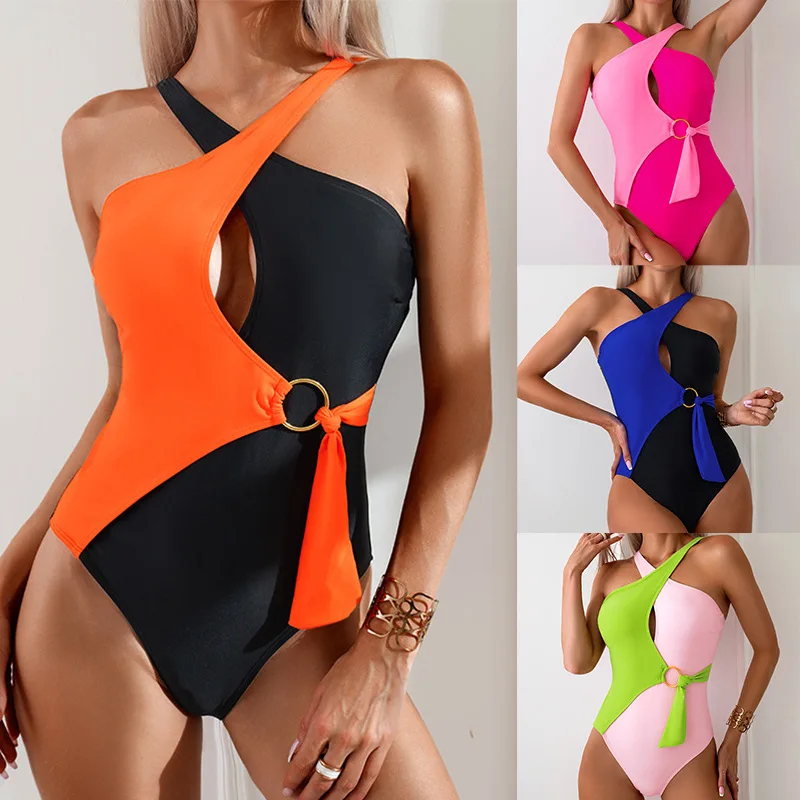 Bathing Suit Women European And American Contrasting Color One-piece Swimsuit Women's Nylon Swimsuit Source Spot
