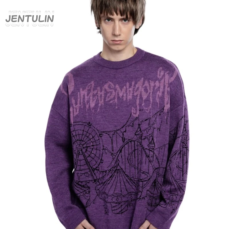 

Эстетический вязаный мужской фиолетовый пуловер, свитер, зимний джемпер большого размера с длинными рукавами, женский уличный свитер Y2k, одежда в стиле ретро